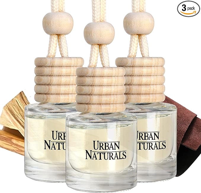 Urban Naturals Car Air Freshener Diffuser 3 Pack - Italian Leather Scent, 45+ Days Long Lasting Fragrance, Made in USA, Glass & Wood, Hanging Design + Vent Cip, Easy to Use