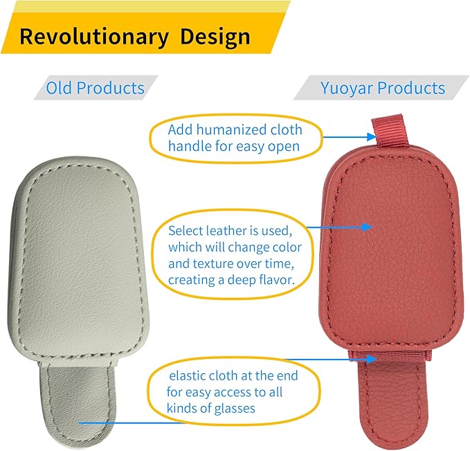 Yuoyar Sunglass Holder for Car, Magnetic Leather Sunglasses Holder and Ticket Card Clip, Car Visor Accessories, 2 Packs (Red)