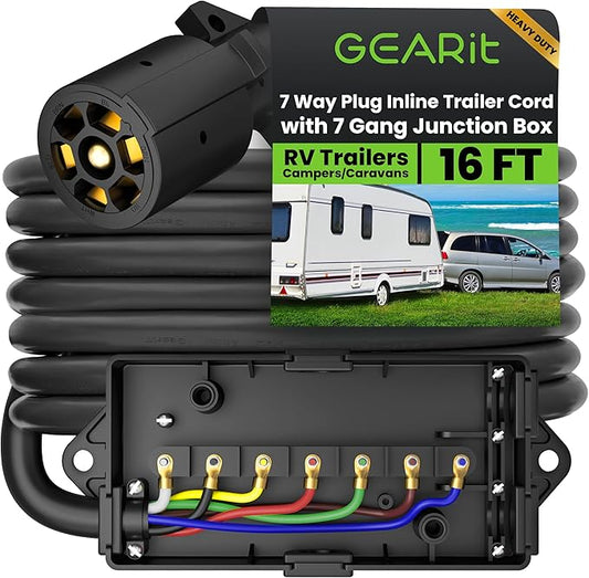 GEARit 7 Way Plug Inline Trailer Cord (16 Feet) with 7 Gang Junction Box - Weatherproof Wiring Harness Cable with Waterproof Junction Box for RV Trailers and Campers - 16Ft