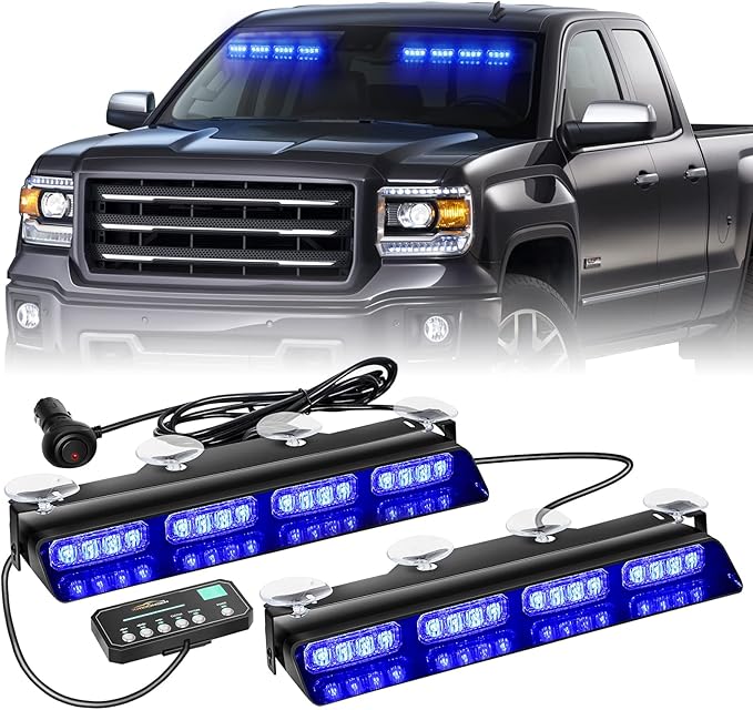 XRIDONSEN Emergency Dash Strobe Lights Safety Flashing Warning Hazard Interior Front/Rear Windshield Deck Split Light Bar w/Suction Cups for Police Ambulance Vehicles Trucks（ 2x14 inch, Blue ）