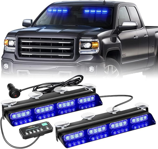 XRIDONSEN Emergency Dash Strobe Lights Safety Flashing Warning Hazard Interior Front/Rear Windshield Deck Split Light Bar w/Suction Cups for Police Ambulance Vehicles Trucks（ 2x14 inch, Blue ）