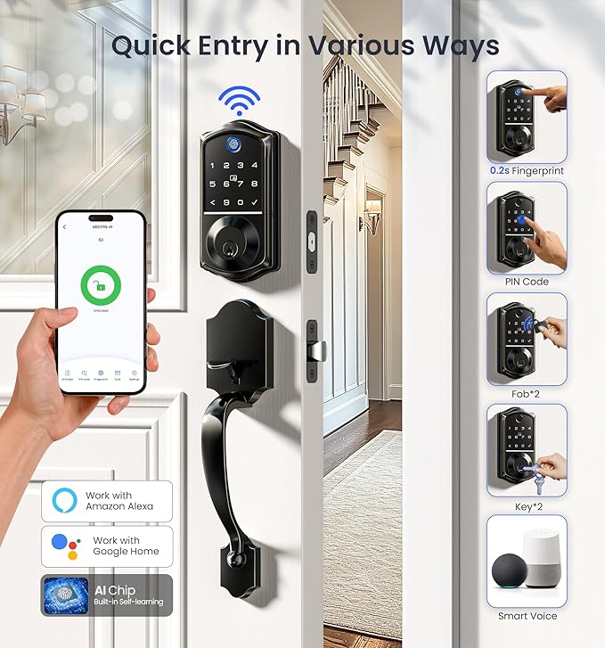 Veise VE017G-H Wi-Fi Smart Fingerprint Front Door Lock Set, Remote App Control, Keyless Entry Deadbolt with Handle, Backlit Keypad, IP55 Weatherproof, Auto Lock, Easy to Install, Matte Black