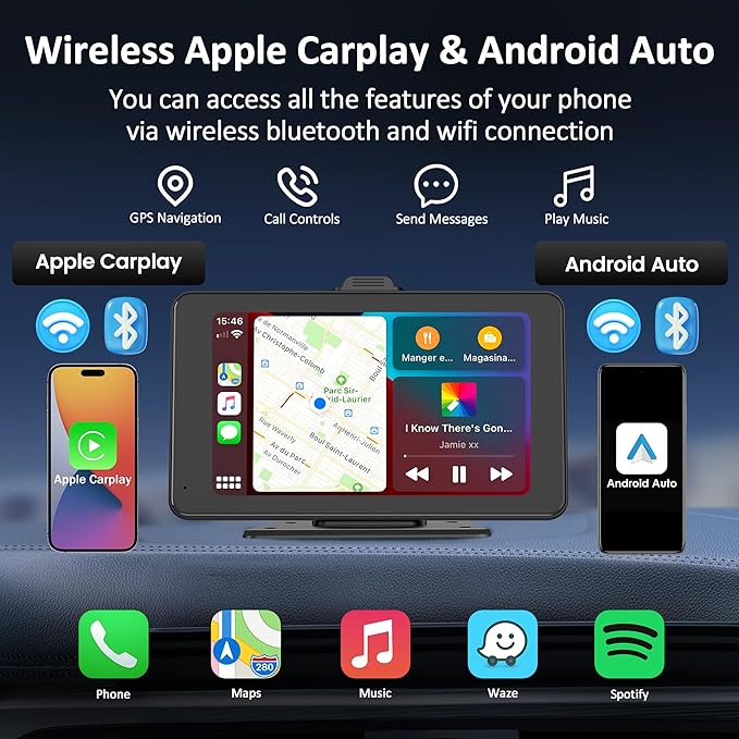Carplay Screen for Car, 7" HD Portable Car Stereo Touch Screen with Wireless Android Auto, Car Touch Screen Car Play with Mirror Link/AUX/FM/Bluetooth/Auto Connect, Carplay for All Vehicles