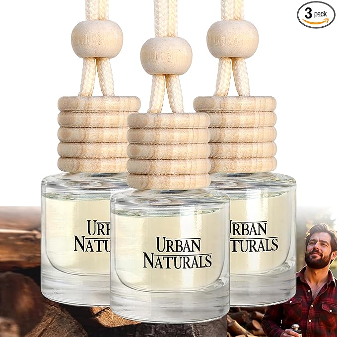 Urban Naturals Car Air Freshener Diffuser 3 Pack - Mahogany Teakwood Scent, 45+ Days Long Lasting Fragrance, Made in USA, Glass & Wood, Hanging Design + Vent Cip, Easy to Use