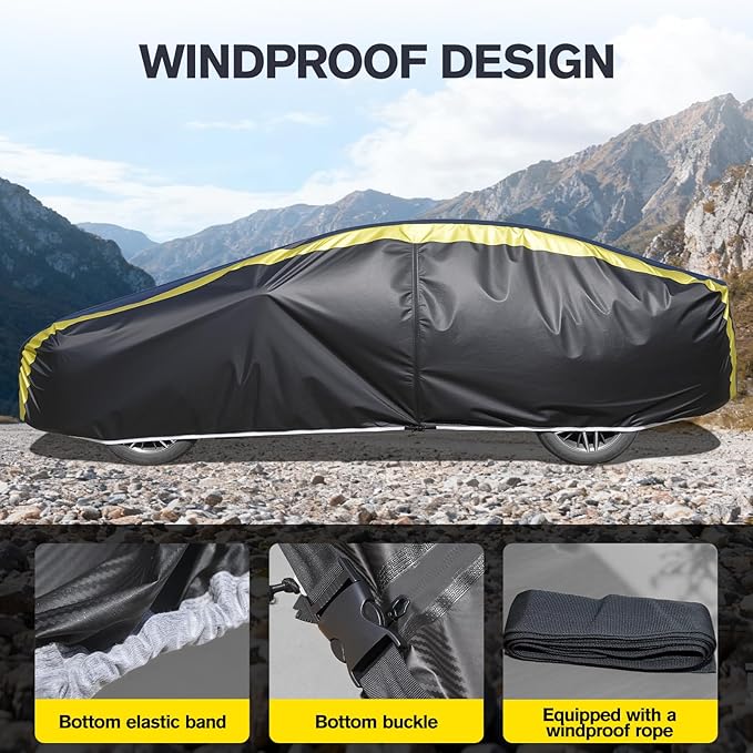 DINGHAO Car Cover Waterproof All Weather with Hot Stitching for Automobiles,6 Layers Outdoor Full Exterior Cover Sun UV Rain Snow Wind Protection Fit for 185"(185 * 73 * 59 inch) Sedan