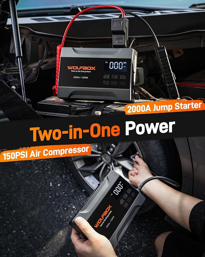 WOLFBOX 2000A Jump Starter with Air Compressor, 10000mAh Car Battery Jumper Starter Portable (up to 5L Gas Engine) with 150PSI Tire Inflator, 12V Jump Box with Jumper Cables, Boost, LED Light