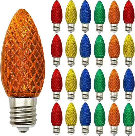25 Pack LED C9 Multicolor Christmas Light Bulbs, Commercial Grade C9 Strawberry Multicolor Replacement Lights Bulbs for Outdoor Patio Christmas String Lights, E17 Intermediate Base Night Light Bulbs