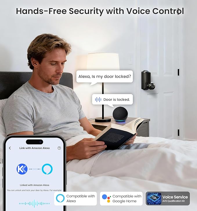 Veise VE028 Built-in Wi-Fi Smart Lock with Knob, Fingerprint Keyless Entry with Handle, App Remote & Voice Control, Electronic Digital Keypad for Front Door and Bedroom, IP65 Waterproof, Matte Black