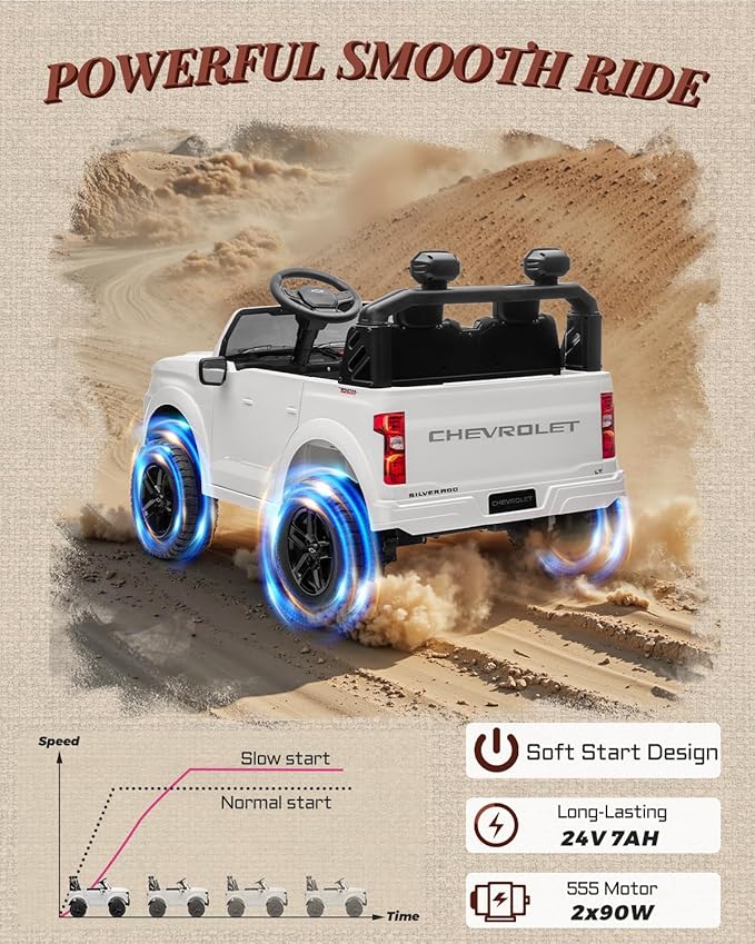 24V 2 Seater Ride on Car for Kids, Licensed Chevrolet Silverado Electric Car for Kids with Remote Control, Toddler Car with Bluetooth, LED Lights, Seat Belts and Spacious Design (White)