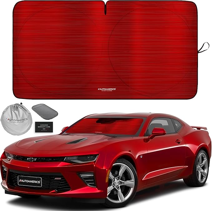 Autoamerics 1-Piece Windshield Sun Shade - Metallic Red Foldable Car Front Window Sunshade for Most Cars SUV Truck Heat Blocker Visor Protector Blocks Max UV Rays and Keeps Your Vehicle Cool - Small