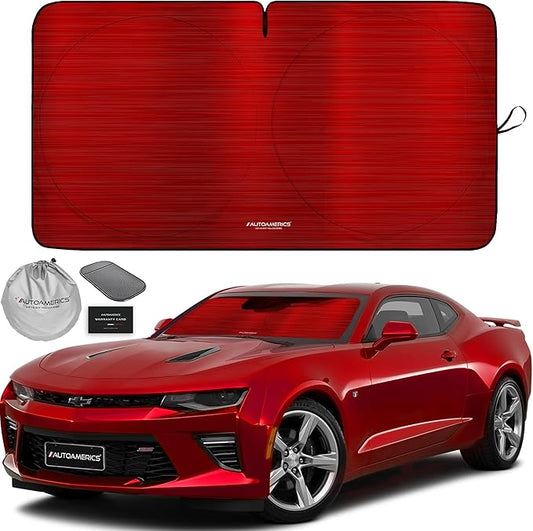 Autoamerics 1-Piece Windshield Sun Shade - Metallic Red Foldable Car Front Window Sunshade for Most Cars SUV Truck Heat Blocker Visor Protector Blocks Max UV Rays and Keeps Your Vehicle Cool - Small