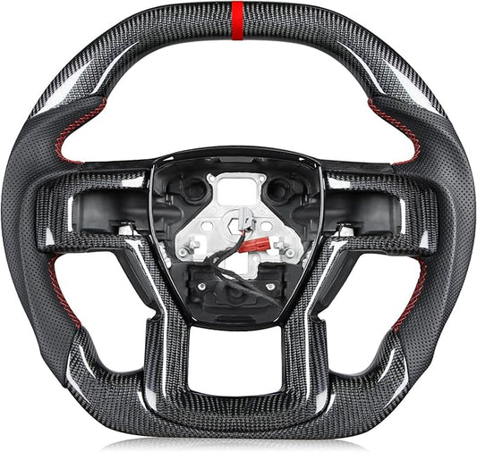 Steering Wheel for F150 Raptor 2015-2020 Real Carbon Fiber Double-D Design Red Stripe&Stitching with Heated Nappa Preforated Leather Grip Compatible with Raptor with Paddle Shifters