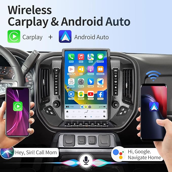 Car Radio for GMC Sierra Chevrolet Silverado 2014-2019 Stereo Radio Replacement Upgraded 8+128G 14.4 Inches 2K Screen Tesla Style Carplay Android Auto GPS Navigation OEM 8 & 4.2 Inch (Carbon Fibre)