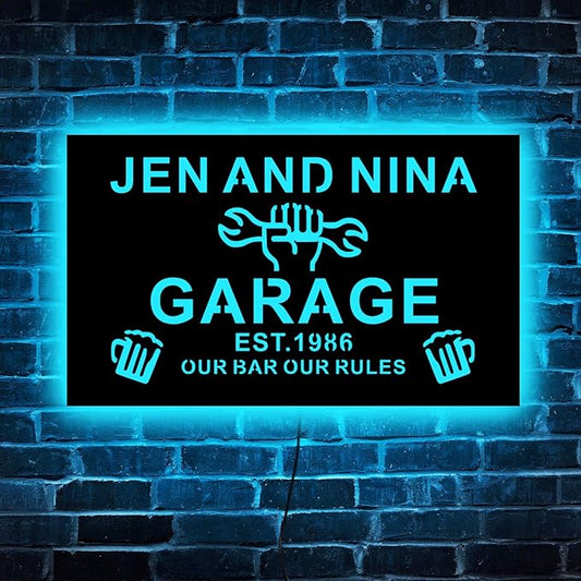 Custom Garage LED Sign, 12.0 inches × 7.0 inches, Wood, Art Deco, Personalized Garage Neon Light, Wall Mount, Neon Light, Property Decorative Signage