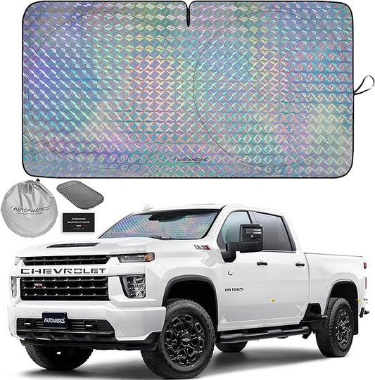 Autoamerics 1-Piece Windshield Sun Shade - Holographic Print Foldable Car Front Window Sunshade for Cars SUV Truck - Heat Blocker Visor Protector Blocks Max UV Rays and Keeps Your Vehicle Cool - Large