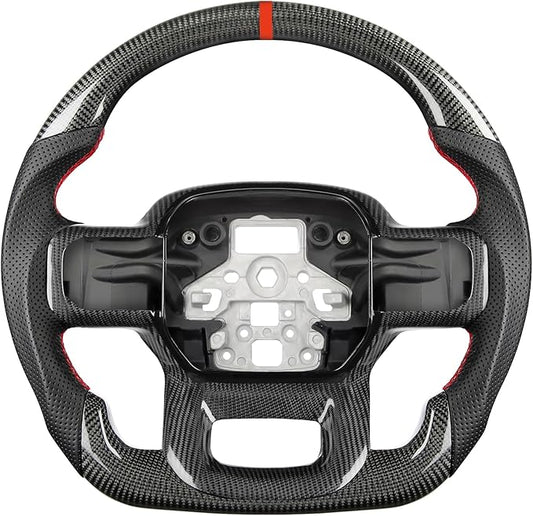 Carbon Fiber Steering Wheel for F-150 2021–2024, Matching Decorative Trim Piece, D-Shaped Flat-Bottom, Black Nappa Leather with Red Stripe & Stitching, for F-150 Without Paddle Shifters Models