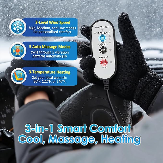 3-in-1 Cooling Car Seat Cushion with Massage & Temperature Control, 16 Fans Ventilated Seat Cooler, 12V Front Seat Summer Cooling Seat Cover for Car SUV Truck (Gray)