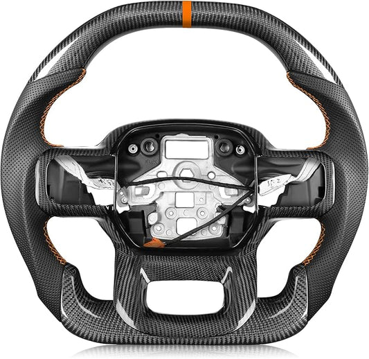 Steering Wheel for F150 Raptor 2021-2024 with Heated, Real Carbon Fiber, Double-D Flat-Top & Bottom, Orange Stripe & Stitching, for Raptor with Paddle Shifter Models
