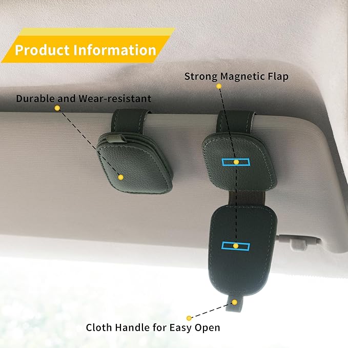 Yuoyar Sunglass Holder for Car, Magnetic Leather Sunglasses Holder and Ticket Card Clip, Car Visor Accessories, 2 Packs (Green)