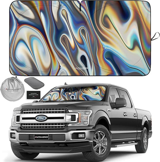 Autoamerics 1-Piece Windshield Sun Shade - Chrome Liquid Foldable Car Front Window Sunshade for Cars SUV Truck - Heat Blocker Visor Protector Blocks Max UV Rays and Keeps Your Vehicle Cool - X-Large