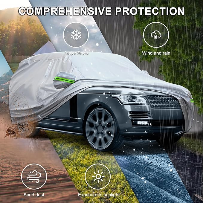 Full Car Cover Universal 6 Layers Outdoor Thicked All Weather Cover, Sunshield, Waterproof, Snow Proof, UV Proof, Scratch Proof, Bird Droppings, 6 Reflective Strips, Fits Sedans up 178"-189"