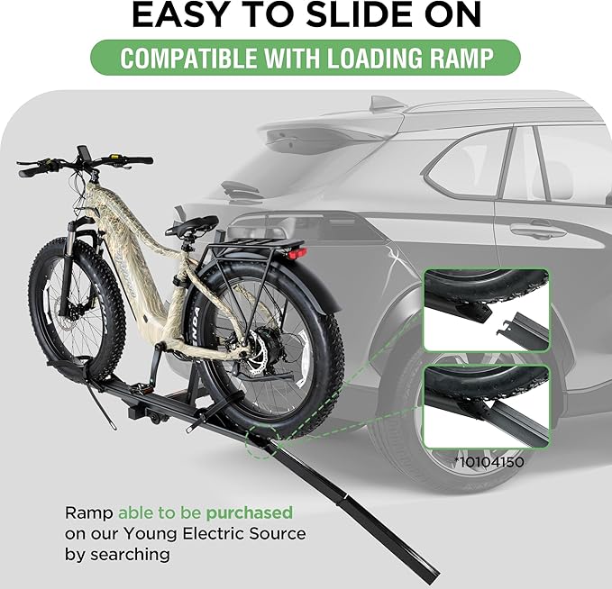 Young 100LBS. Capacity Aluminum 1-Ebike Rack for Bicycles and Electric Bikes, fits Car SUV Van RV and Trailer with 2" Receiver, Fits up to 5" Fat Tire Width and 50" Wheelbase