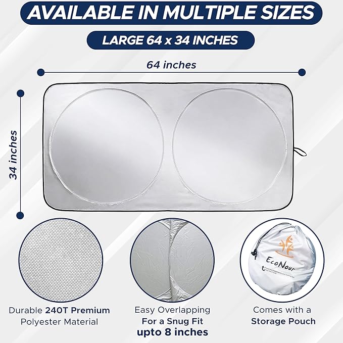 EcoNour Car Front Windshield Sun Shade for Car | SUV Accessories for Maximum Sun and Heat Protection | UV-Blocking Windshield Dash Cover & Sun Visor for Cooler Interior | Large (64 x 34 Inches)