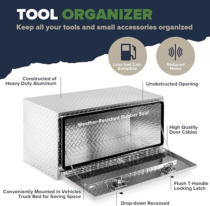 ARKSEN 36 Inch Heavy Duty Aluminum Diamond Plate Tool Underbody Box, Waterproof Square Truck Storage Organizer Chest for Pick Up Truck Bed, RV Trailer with T-Handle Lock and Keys - Silver