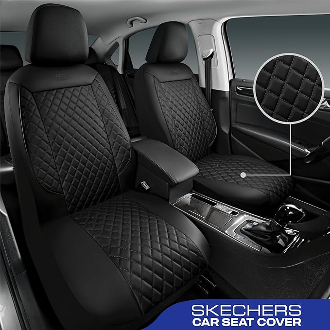 Skechers Car Seat Covers,Piping Luxury Faux Seat Covers,Waterproof Anti Slip Car Seat Protector Full Set,Car Accessories Airbag Universal Fit for Most Cars,Vans,Trucks,SUV,Black