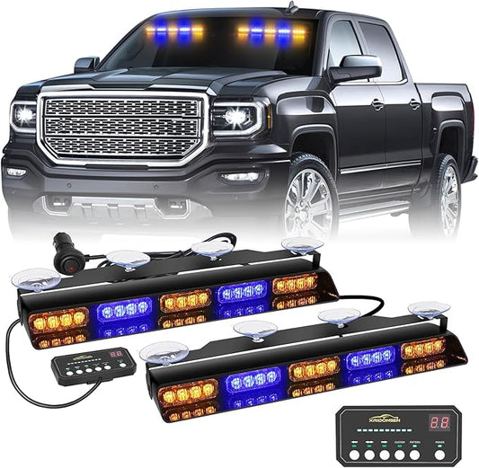 XRIDONSEN 2x 17 inch Amber Blue Emergency Dash Strobe Lights Interior Front/Rear Windshield Lights 40 LED Safety Flashing Warning Hazard Lights w/Suction Cups for Trucks Construction Vehicles