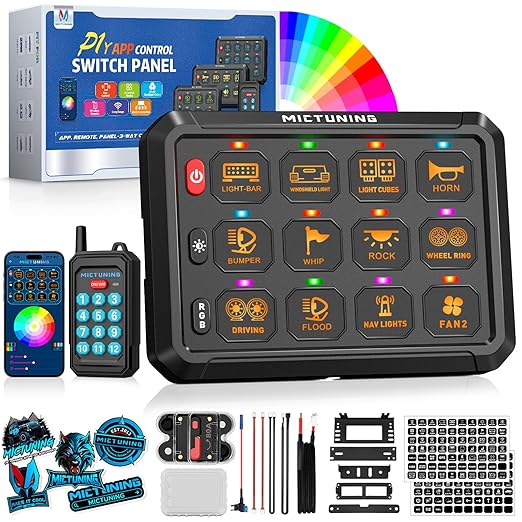 MICTUNING P1Y 12 Gang Switch Panel, Remote and APP Control, Up to 230FT, Adjustable Strobe Pulse Momentary, 6-Level Dimming, 12-24V Waterproof Multifunction Toggle Switch for Car Boat RV Truck Offroad