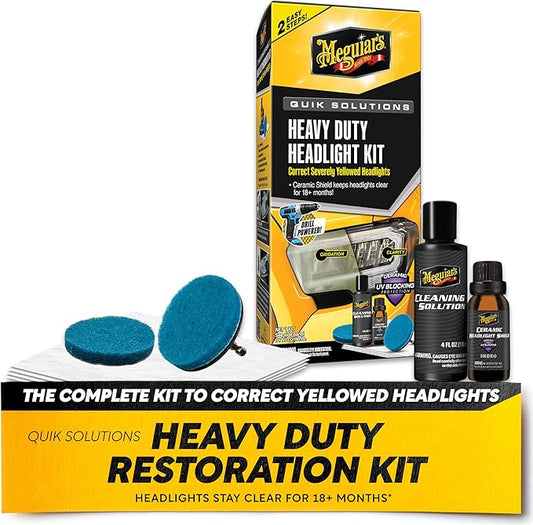 Meguiar's Heavy Duty Headlight Kit – This Headlight Restoration Kit Includes Headlight Cleaner, Ceramic Protection, Drill Backing Plate, Pads, & Towelettes, 18 Plus Months of Protection, Car Care Kit
