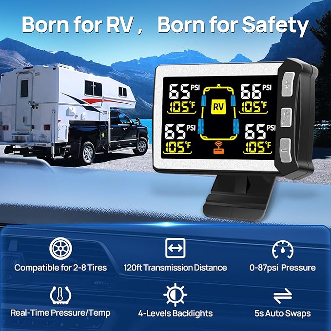 RV/Trailer Tire Pressure Monitoring System, Tire Pressure Monitor with Color LCD Display, TPMS with 6 Sensors for Travel Trailer/5th Wheel/Camper, 0-87PSI with 120ft Transmission Distance