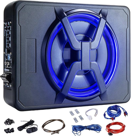 1000W Under Seat Car Subwoofer 10-Inch, Slim Powered Bass Tube w/Built-in Amplifier & Hi/Lo Input, 2025 Upgraded Deep Bass for Truck SUV Sedan | Blue LED Light | Quick Connect Wiring