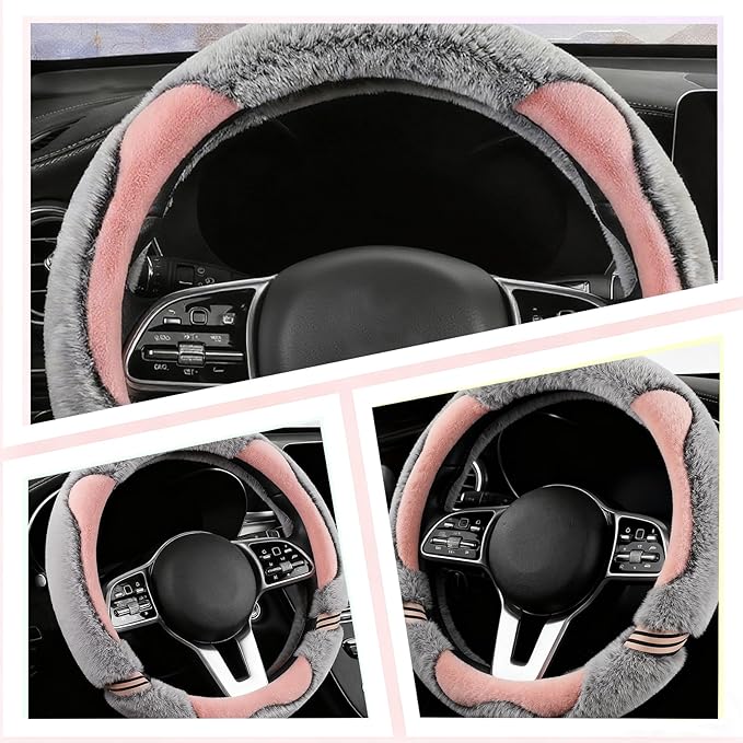 Universual Fluffy Fur Soft Fuzzy Steering Wheel Cover Leather Women Men Pink Sporty Cute 14 inch Car Accessories Non-Slip Decoration