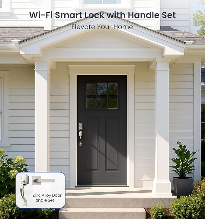 Veise VE017G-H Wi-Fi Smart Fingerprint Front Door Lock Set, Remote App Control, Keyless Entry Deadbolt with Handle, Backlit Keypad, IP55 Weatherproof, Auto Lock, Easy to Install, Satin Nickel
