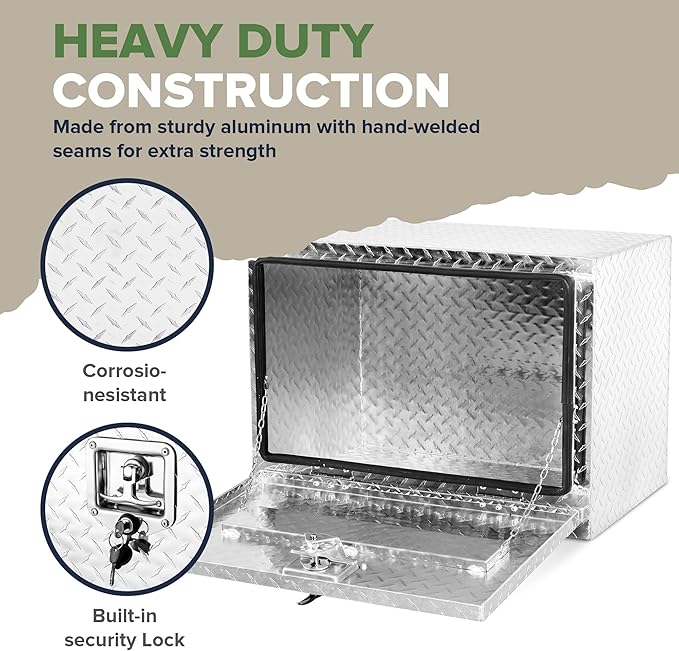 ARKSEN 24 Inch Heavy Duty Aluminum Diamond Plate Tool Underbody Box, Waterproof Square Truck Storage Organizer Chest for Pick Up Truck Bed, RV Trailer with T-Handle Lock and Keys - Silver