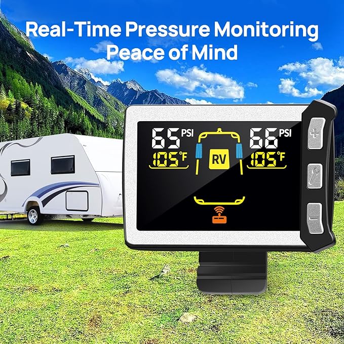 RV/Trailer Tire Pressure Monitoring System, Tire Pressure Monitor with Color LCD Display, TPMS with 2 Sensors for Travel Trailer/5th Wheel/Camper, 0-87PSI with 120ft Transmission Distance