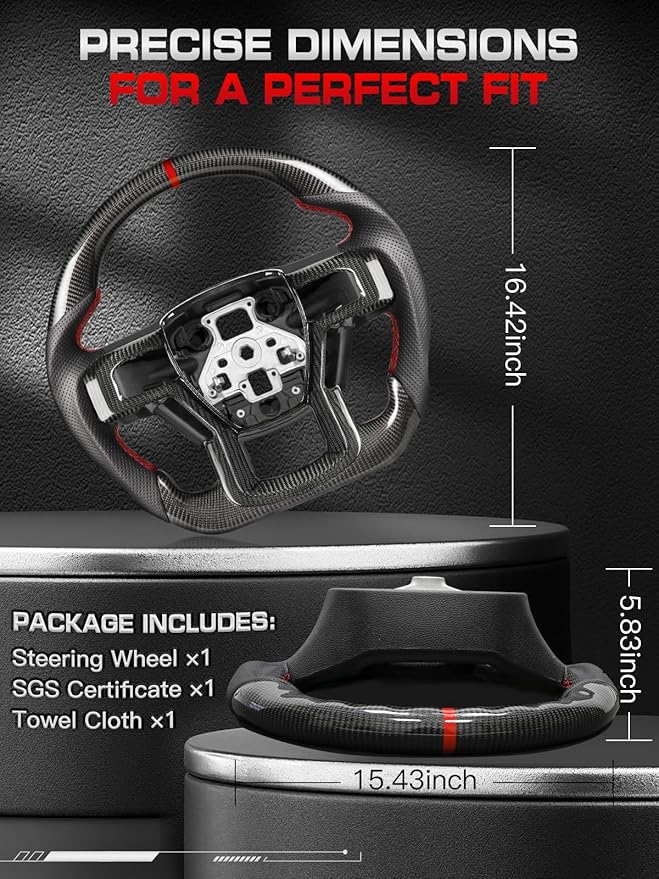 Steering Wheel for F-150 2015–2020, Real Carbon Fiber with Matching Decorative Trim Piece, D-Shaped Flat-Bottom, Hand-Stitched Nappa Grip, for F-150 Without Paddle Shifters Models