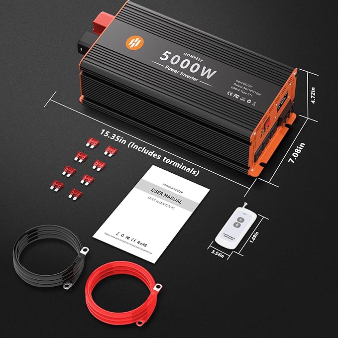 5000 Watt Power Inverter 12V DC to 110V/120V AC Converter Peak Power 10000W Car Inverter with LCD Display 2 AC Outlets USB Port Cables Includ for RV,Truck,Off-Grid Solar System Remote Controller