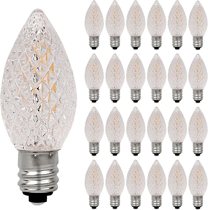 25 Pack C7 Clear LED Light Bulbs, E12 Candelabra Base Christmas Replacement Bulbs, 0.6W Shatterproof Warm White Bulbs for Outdoor Christmas String Lights, Window Candles, Chandelier, Night Light Decor