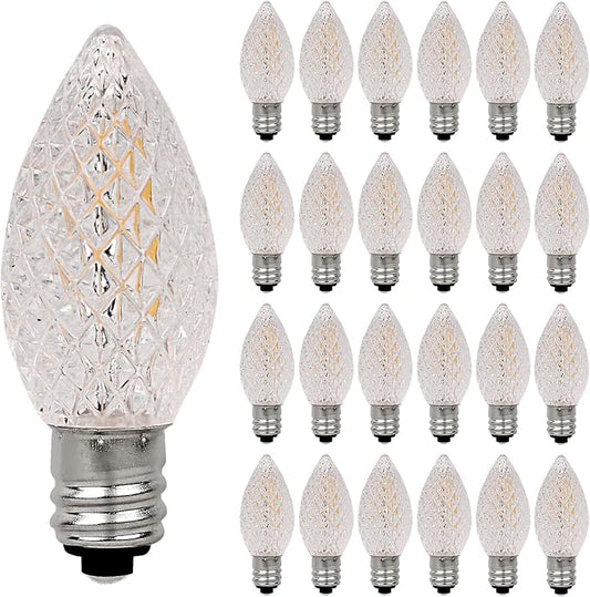 25 Pack C7 Clear LED Light Bulbs, E12 Candelabra Base Christmas Replacement Bulbs, 0.6W Shatterproof Warm White Bulbs for Outdoor Christmas String Lights, Window Candles, Chandelier, Night Light Decor