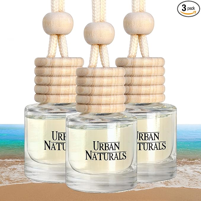 Urban Naturals Car Air Freshener Diffuser 3 Pack - Ocean Mist & Sea Salt Scent, 45+ Days Long Lasting Fragrance, Made in USA, Glass & Wood, Hanging Design + Vent Cip, Easy to Use
