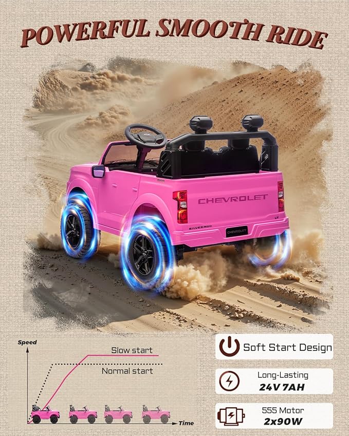 24v Ride on Toys for Big Kids, 2 Seater Licensed Chevrolet Silverado Ride on Car, Electric Car for Kids with Parent Remote Control, Bluetooth, LED Lights and Seat Belts (Pink)