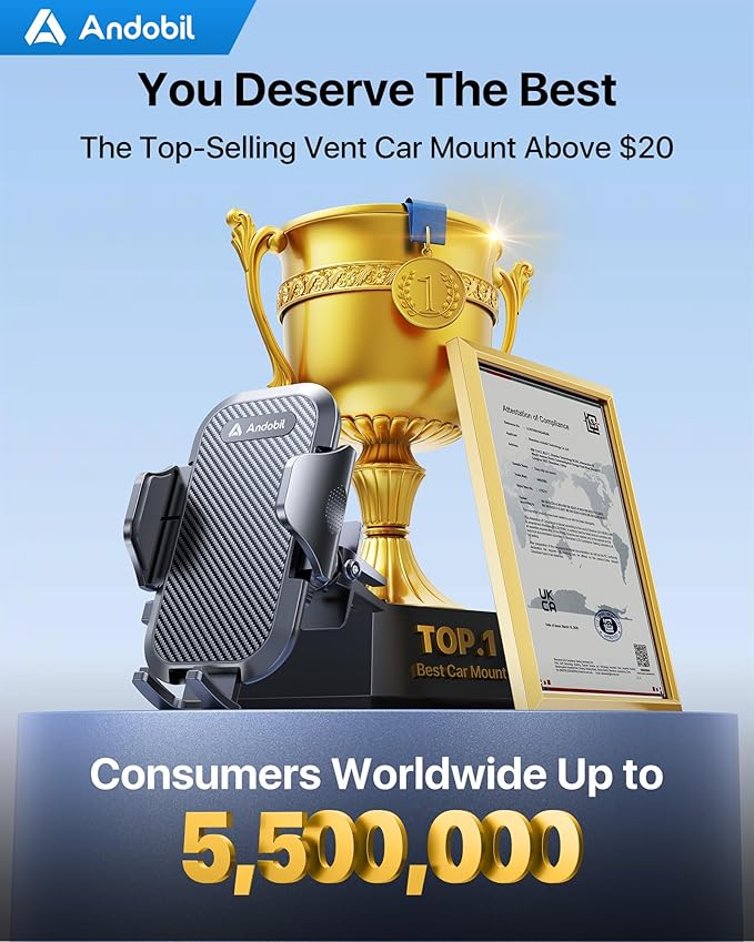 andobil Upgrade Phone Holders for Your Car - Air Vent Phone Mount, Ultra-Stable Metal Clip with Anti-Shake & 360° Rotation, Universal Car Mount Fit iPhone 17/16/15/14/13 Pro Max/Android/Samsung Galaxy