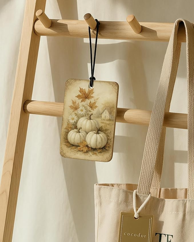 Vintage Fall Pumpkin Car Air Freshener 4 Pcs, Rustic Farmhouse White Pumpkins Flower Hanging Air Freshener for Cars Closet Drawer Books, Retro Fall Car Accessories Mirror Decor for Women