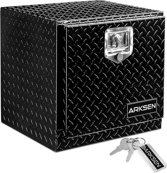 ARKSEN 18 Inch Heavy Duty Aluminum Diamond Plate Tool Underbody Box, Waterproof Square Truck Storage Organizer Chest for Pick Up Truck Bed, RV Trailer with T-Handle Lock and Keys - Black