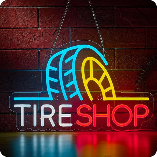 Tire Shop Neon Sign Garage Tire Store LED Light for Wall Decor Auto Supplies Car Service Repair Workshop USB Powered Dimmable 16.5 x 11 inches