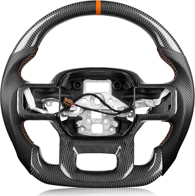 Carbon Fiber Steering Wheel for F150 Raptor 2021-2024 with Heated, with Decorative Trim Piece, Orange Stripe&Stitching Black Nappa Leather D-shaped Flat-bottom for Raptor with Paddle Shifters