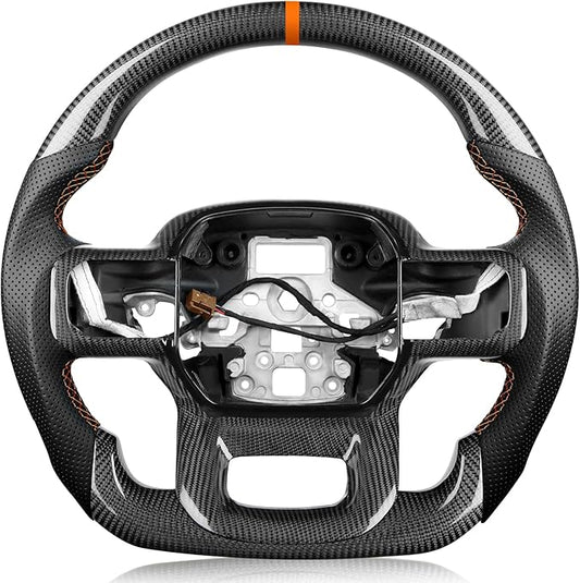 Carbon Fiber Steering Wheel for F150 Raptor 2021-2024 with Heated, with Decorative Trim Piece, Orange Stripe&Stitching Black Nappa Leather D-shaped Flat-bottom for Raptor with Paddle Shifters
